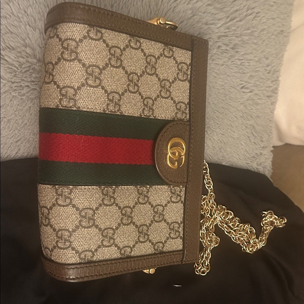 Gucci Monogram Beige and Brown Chain Wallet